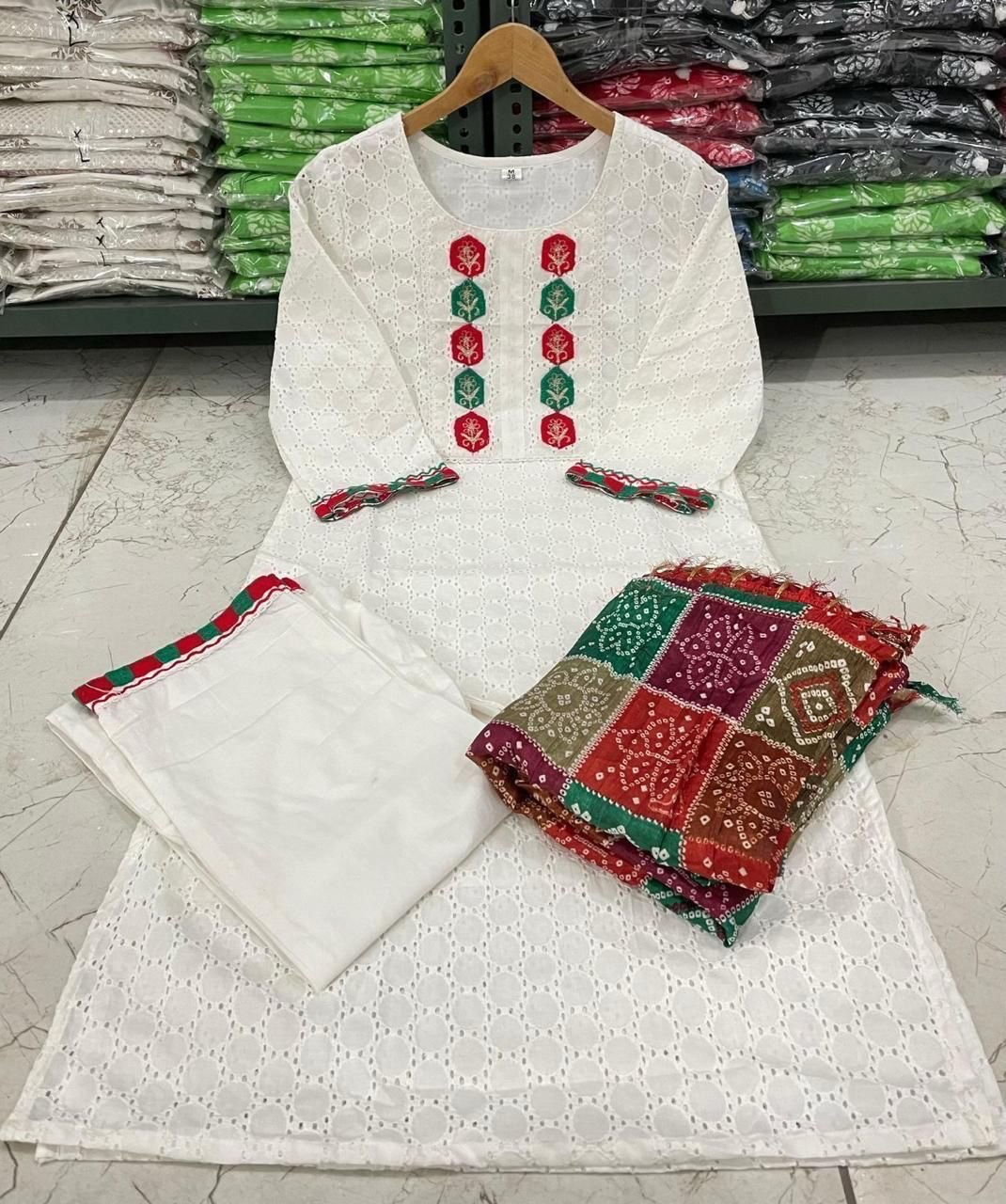Schiffli Chikankari Cotton Kurta Set with Dupatta